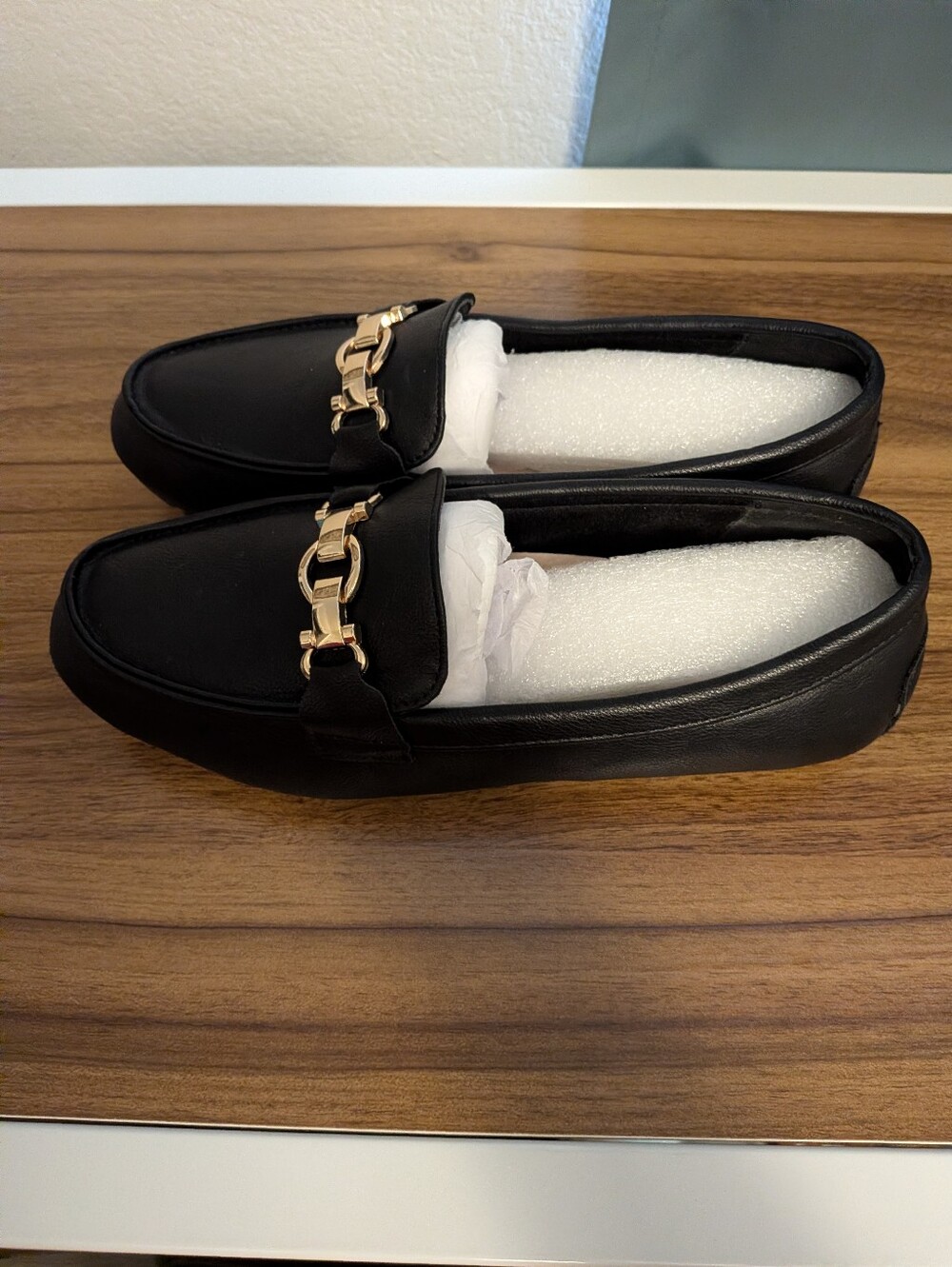 3/$14 Black Loafers with Gold Chain Accent